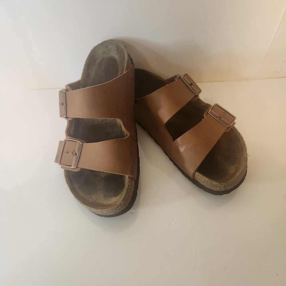 Birkenstock Arizona Sandals Tobacco Brown Leather Two Strap Slides Size size 37